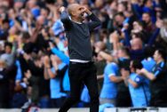 Manchester City manager Pep Guardiola celebrates a goal during the Premier League match at Etihad